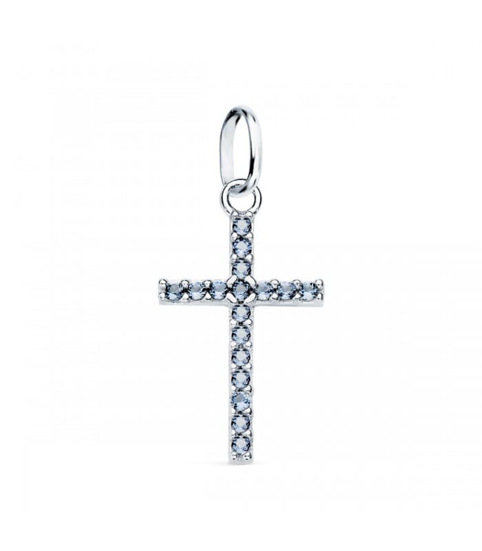 Ciondolo Croce con pietre blu in oro bianco, ideale collana da donna