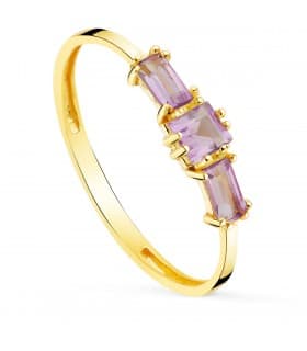Anello QUEEN con pietre semi-preziose per donna, in oro giallo 18kt con ametista, taglio baguette e princess