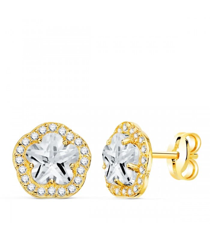 Orecchini in oro giallo Celia 18 Kt, orecchini da donna con pietre, forma di fiore.