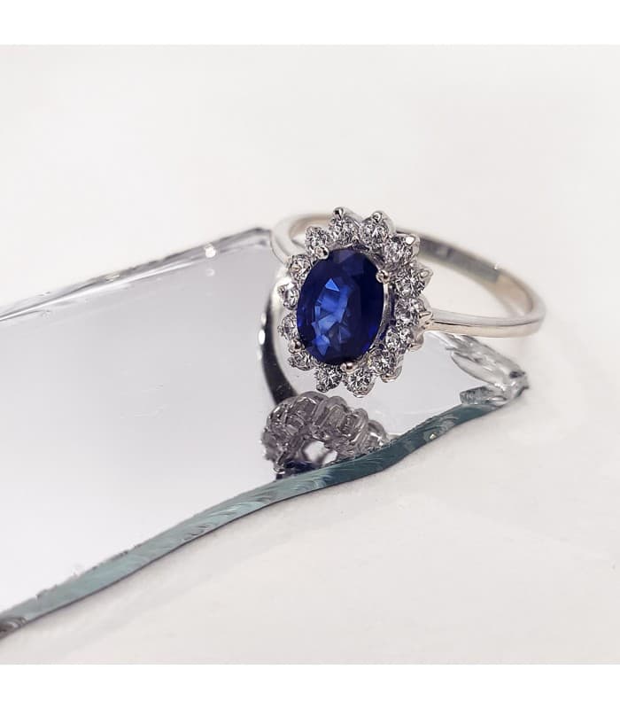 Halo-Verlobungsring mit Saphir und Zirkonia 19305-ZA | Weißgoldringe für Damen