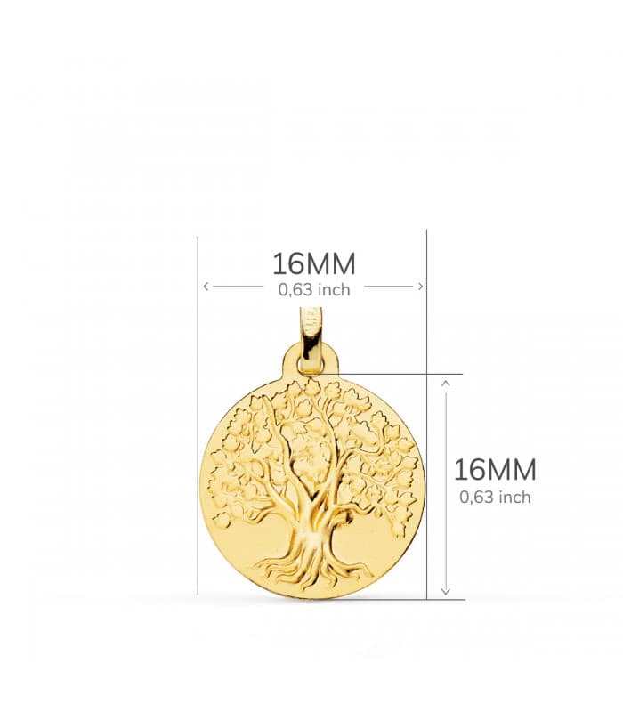 Albero della Vita in oro, ciondolo con incisione sul retro, medaglia rotonda da 16 mm