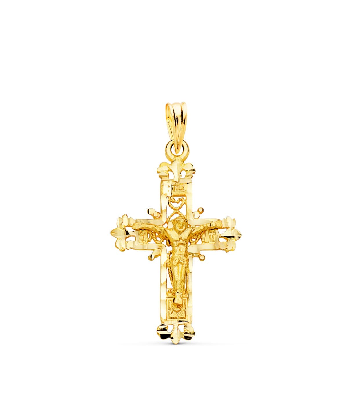 Croce lavorata in filigrana con Cristo in oro giallo 18 kt, 28 mm | acquista gioielli online