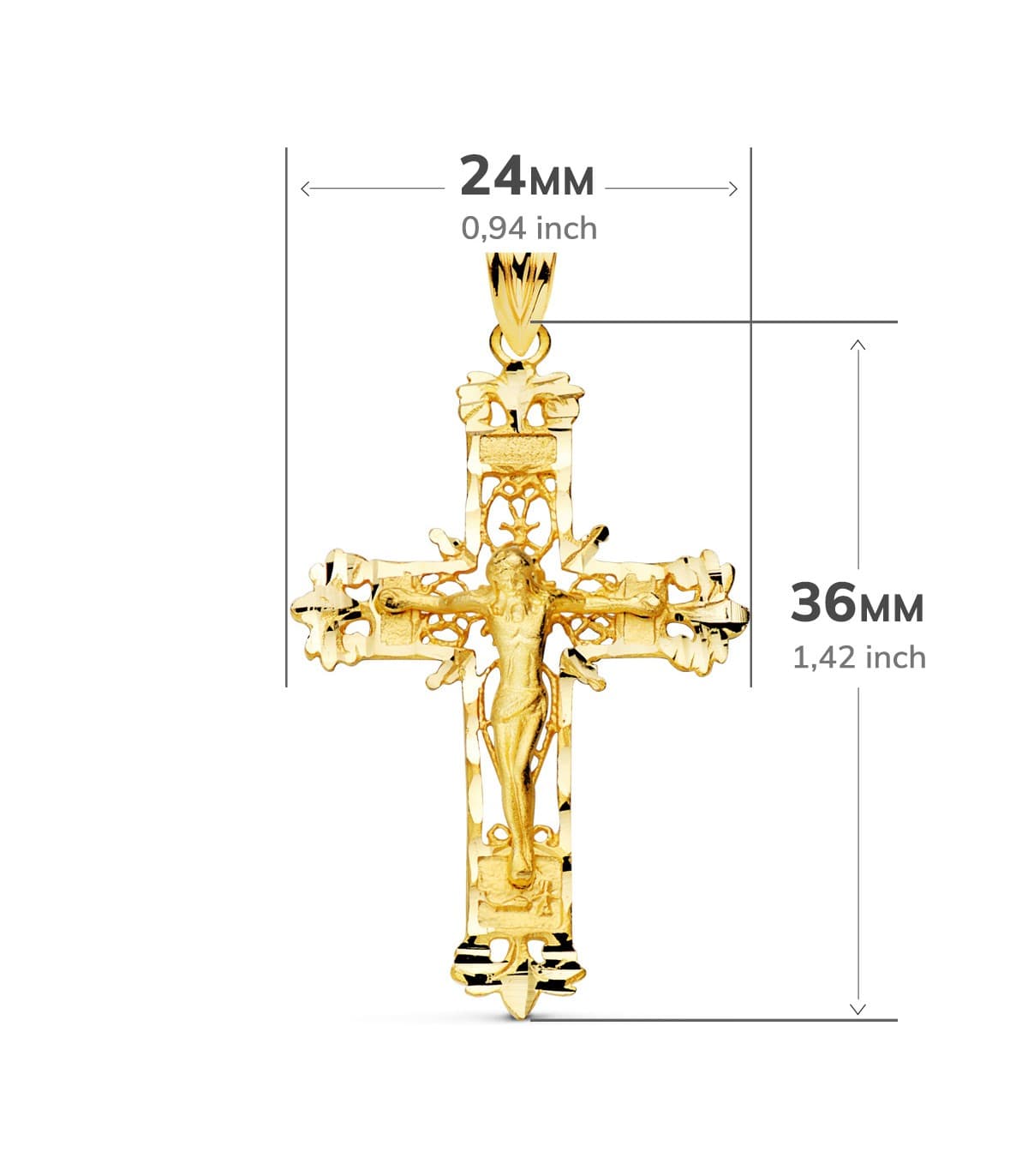 Croce lavorata in filigrana con Cristo in oro giallo 18 kt, 36 mm | acquista gioielli online