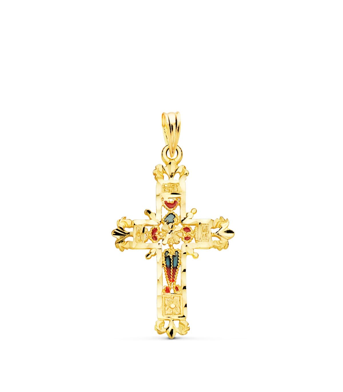 Croce smaltata 30 mm, lavorata in filigrana in oro giallo 750‰ | acquista gioielli online