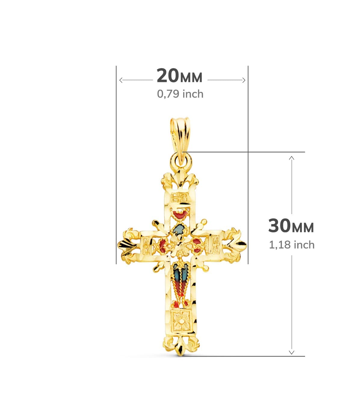 Croce smaltata 30 mm, lavorata in filigrana in oro giallo 750‰ | acquista gioielli online