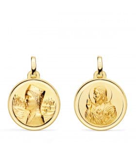 Escapulario Montserrat y Corazón de Jesús Oro 18K 18mm Bisel | colgante, medalla religiosa | joyas on line