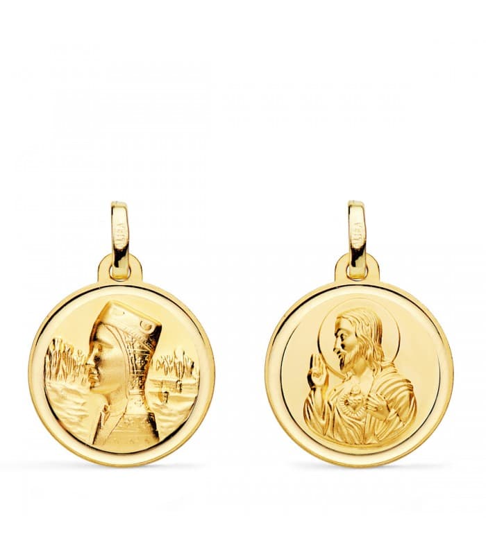 Escapulario Montserrat y Corazón de Jesús Oro 18K 18mm Bisel | colgante, medalla religiosa | joyas on line