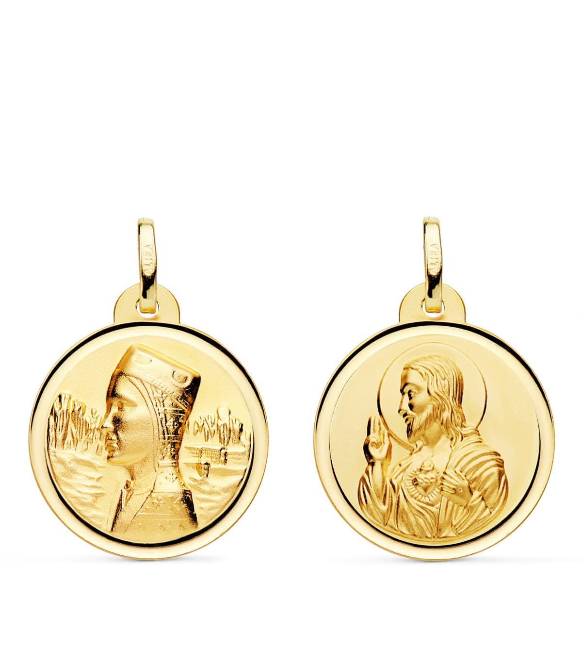Médaille scapulaire Notre Dame Montserrat et Sacré Coeur de Jésus 18 carats or jaune