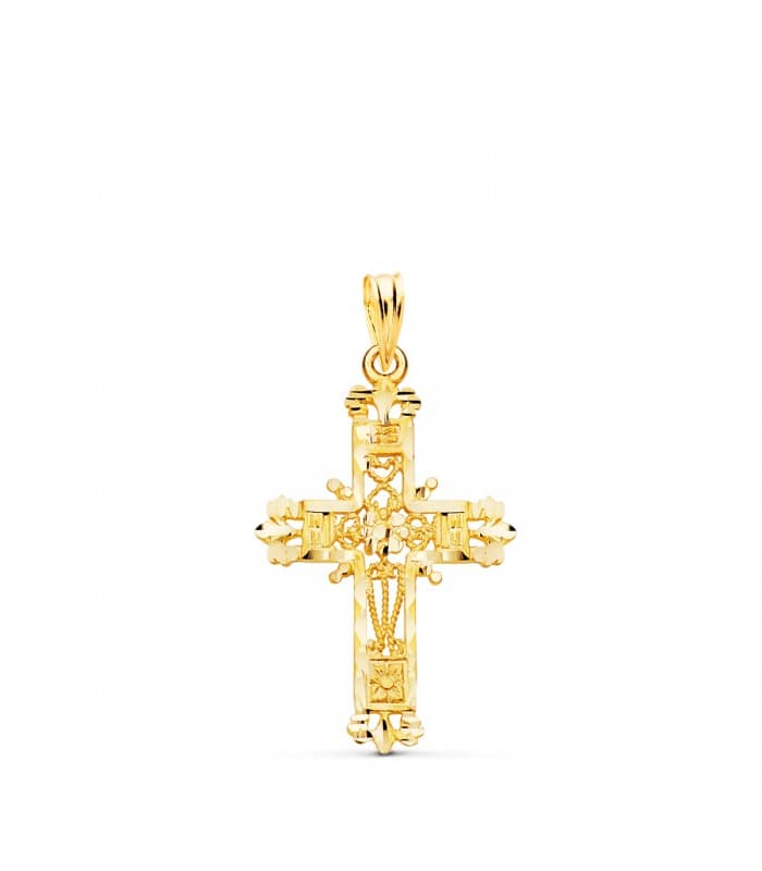 Croce lavorata in filigrana in oro giallo 750‰, misura 29 mm | acquista gioielli online