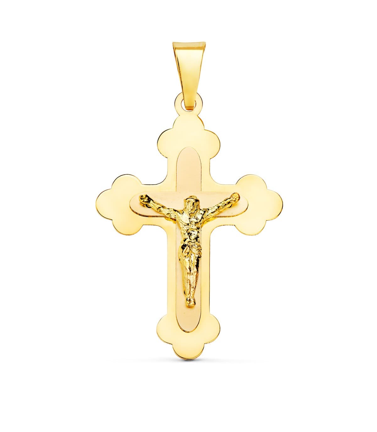 Cruz Cristo Trilobulada Oro Amarillo 18 Kilates 32 mm | colgante crucifijo, cruz para hombre, cruces de oro
