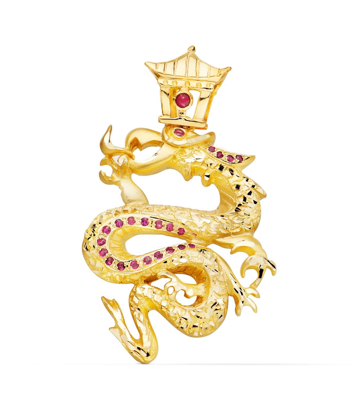 Anhänger mit Chinesische Drachen und roten Steinen aus 18 Karat Gelbgold, 43 mm – Herrenschmuck online