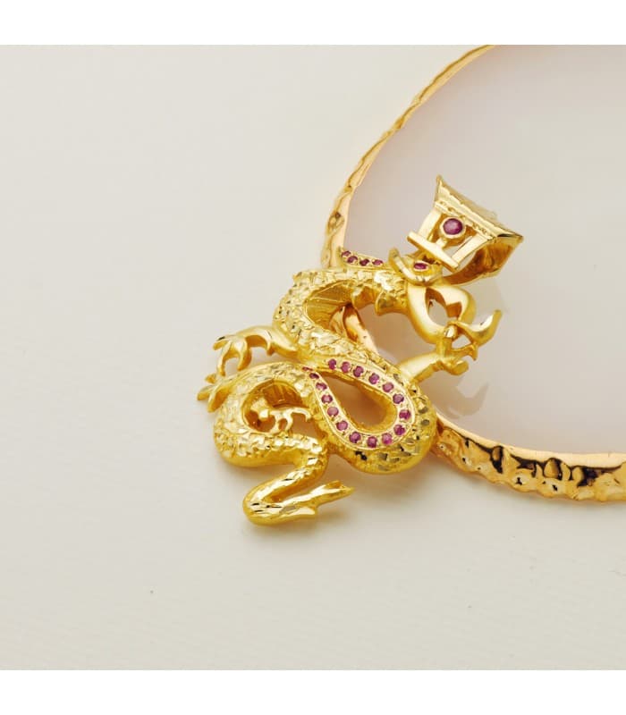 Pendentif homme Dragon Or Jaune 18K Pierres rouges