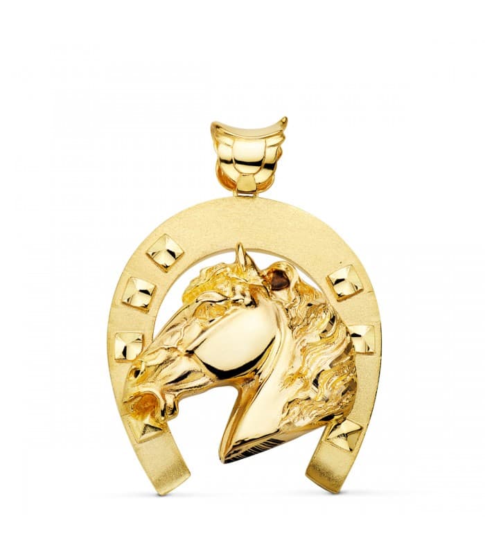 Portafortuna testa di cavallo e ferro di cavallo | Ciondolo uomo oro 18kt 50 mm