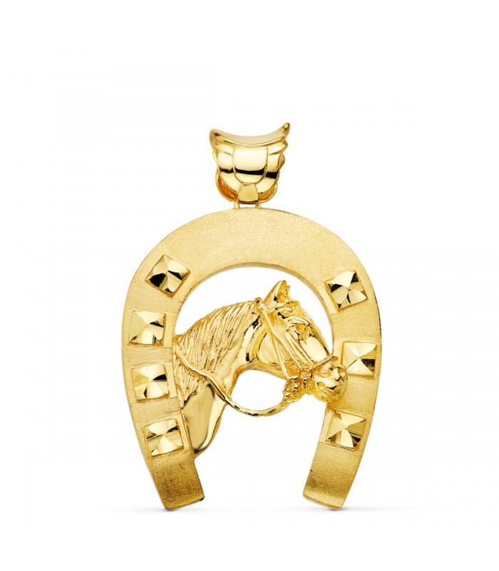 Ciondolo in oro con cavallo e ferro di cavallo 48 mm | Gioielli portafortuna da uomo