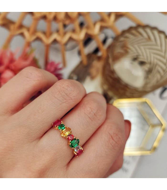 Anillo Piedras Multicolor Oro Amarillo 18K | sortija para mujer con piedras de colores | anillo tresillo