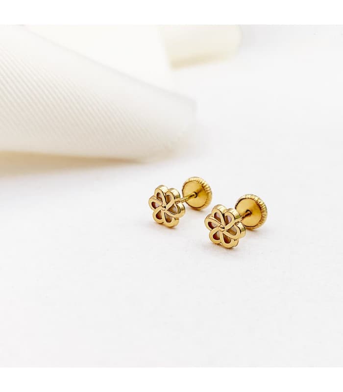 Pendientes para niña Lourdes flor Oro 18k nácar | pendientes oro niña