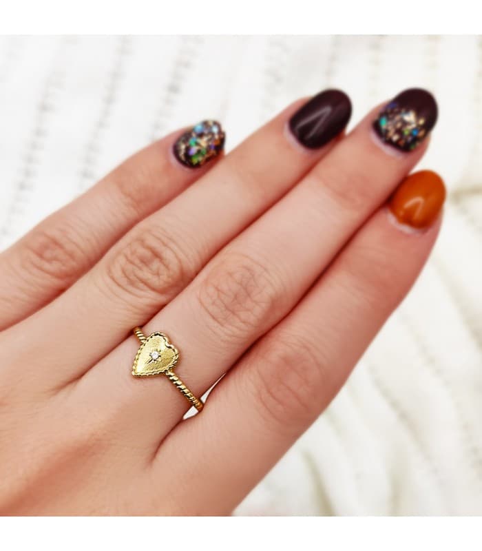 Anillo Corazón Oro 18K Glam Bolitas - Sello mujer corazón - anillos de moda