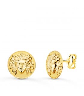 Orecchini da donna in oro 18 kt con motivo di Medusa, modello a bottonone, 12 mm.