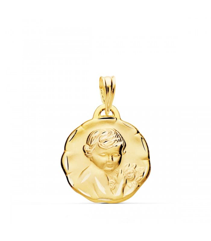 Medaglia Battessimo bambino a fiore oro 18kt 17mm lavorata
