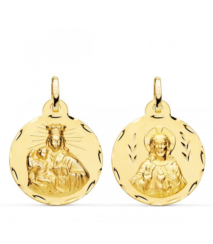 V. Carmen y C. Jesús Oro 18K Escapulario Tallado 22mm - medalla religiosa católica - joyería online