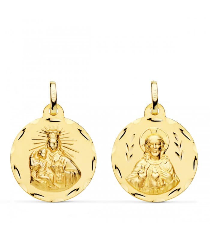 Madonna del Carmine e Sacro Cuore scapolare intagliato 20mm - Oro giallo 18kt
