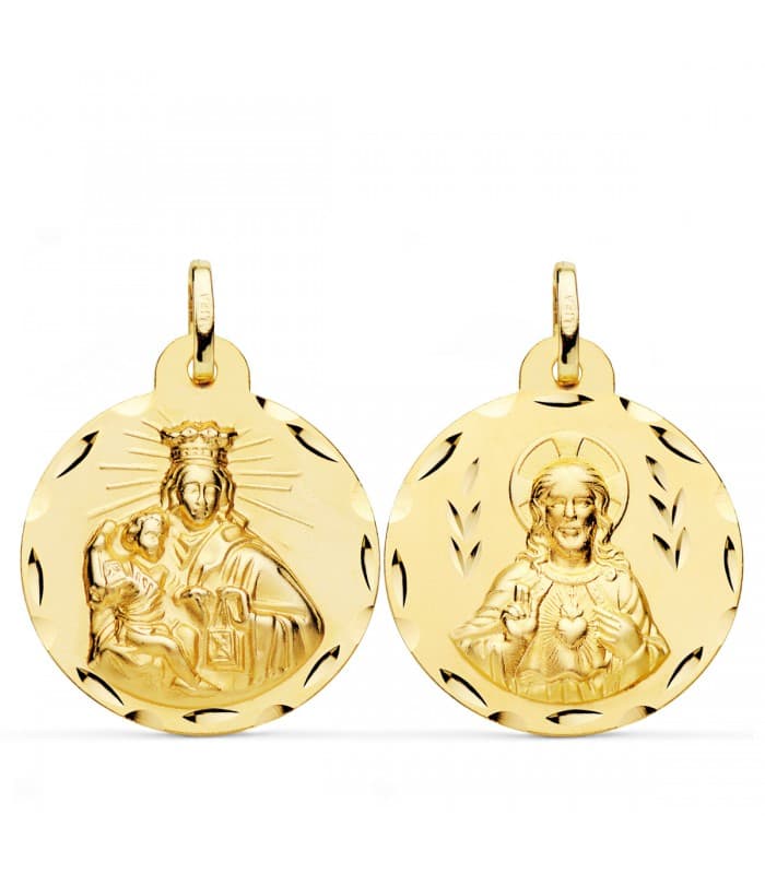 Madonna del Carmine e Sacro Cuore scapolare intagliato 24mm - Medaglia sacra