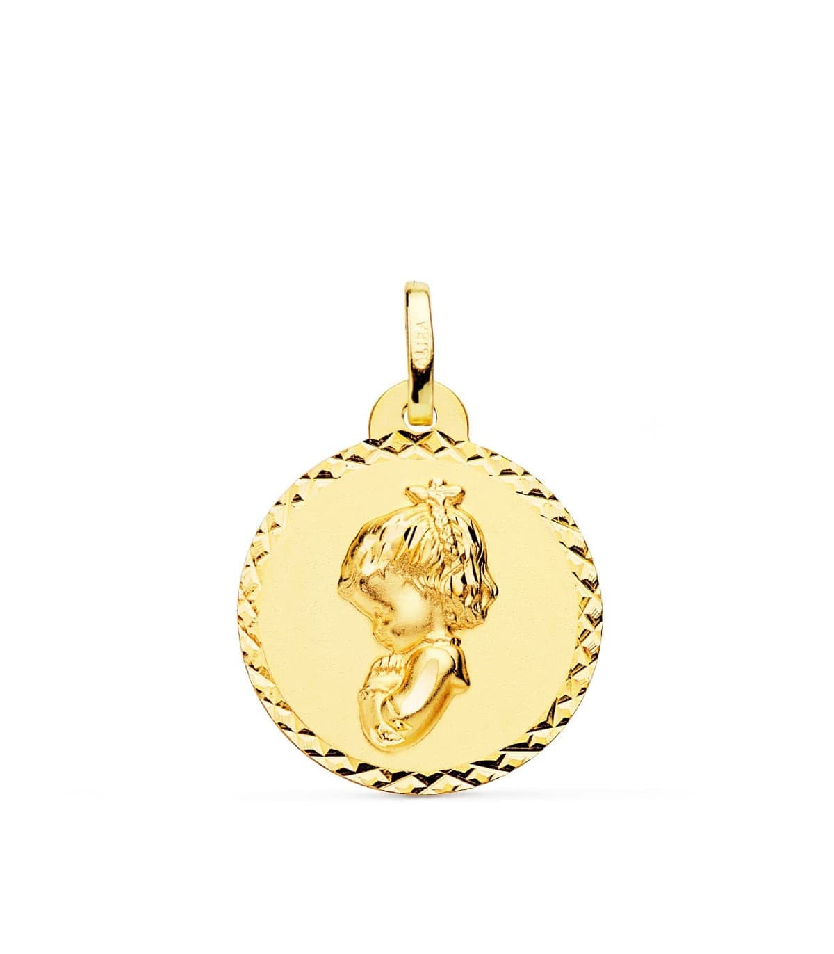 Alda Joyeros, joyería online. Medalla Virgen Niña Oración Talla Oro 18K 20MM | medallas religiosas para comunión o bautizo