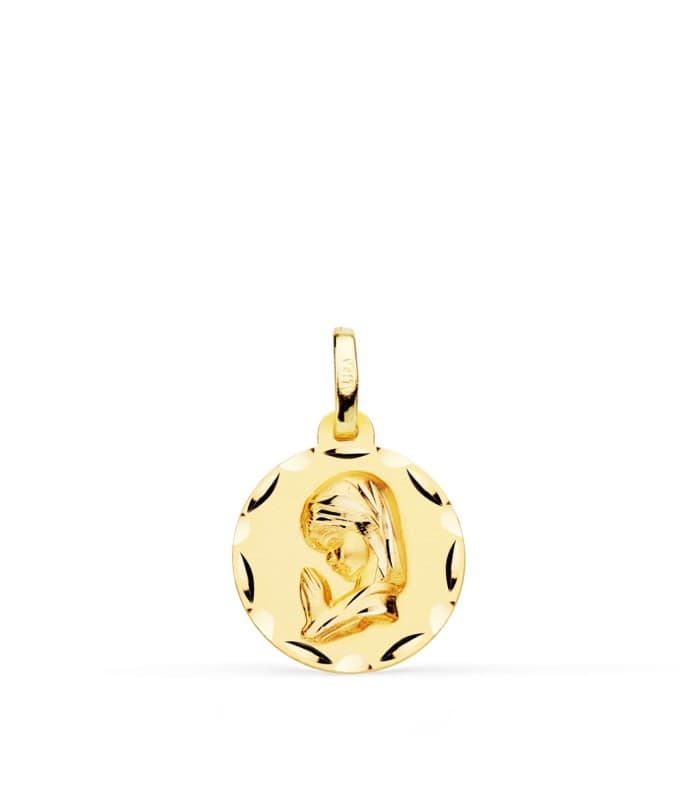 Alda Joyeros, joyería online. Medalla Virgen niña rezando 18K Tallada 14mm | colgante religioso para comunión.