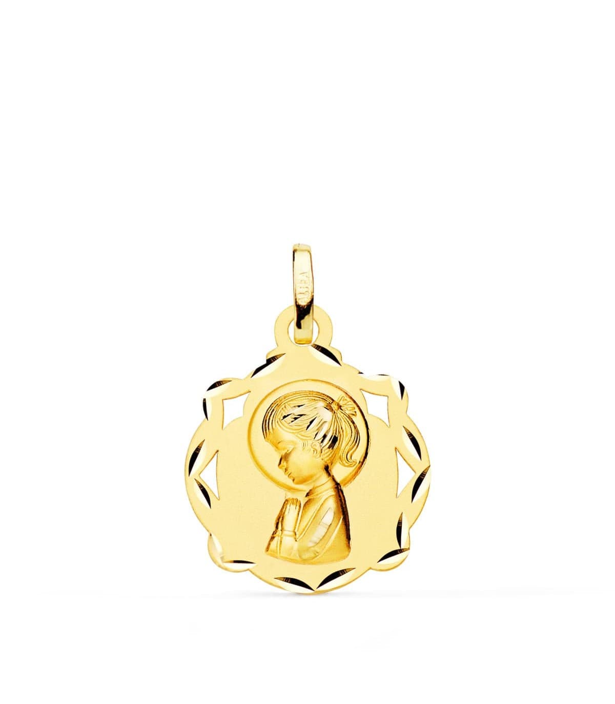 Medalla Calada 18K Virgen Niña Rezo 14MM