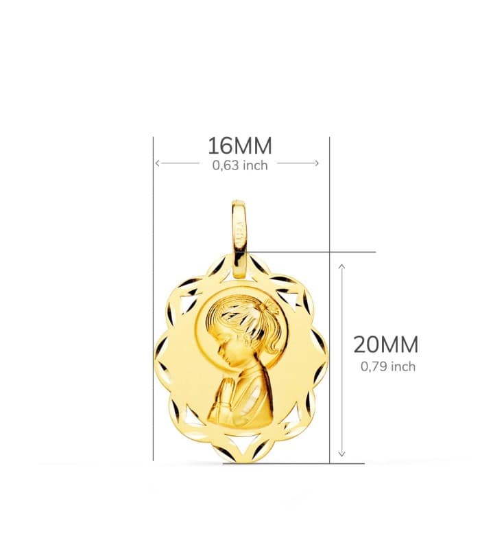 Medalla Calada 18 K Virgen Niña Rezo 20 MM