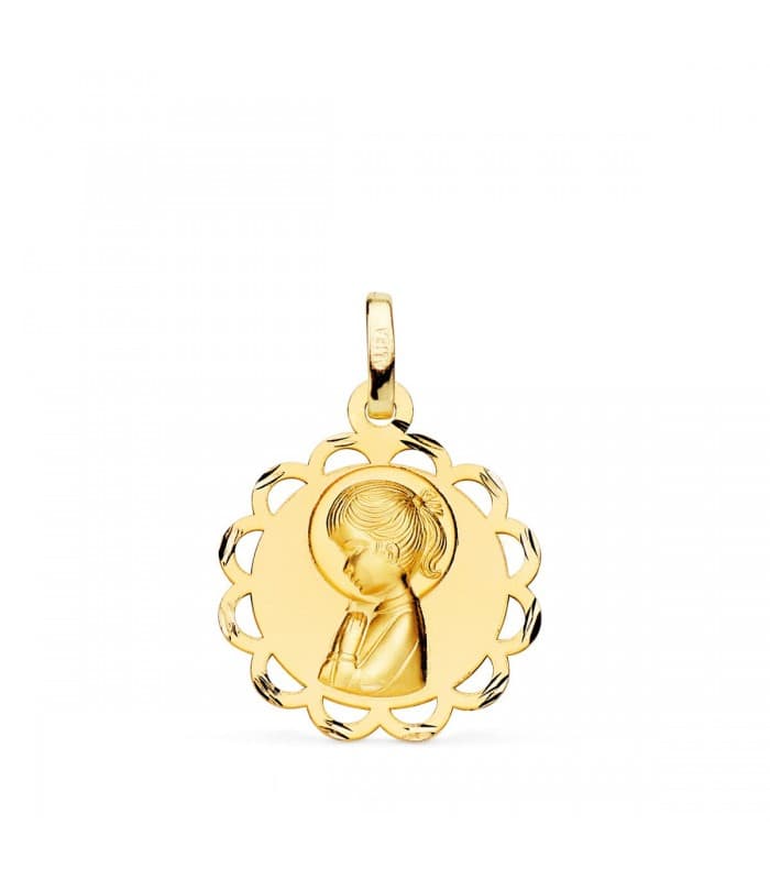 Medalla Oro 18K Virgen Niña Orla 19mm - colgante comunión, grabado personalizado