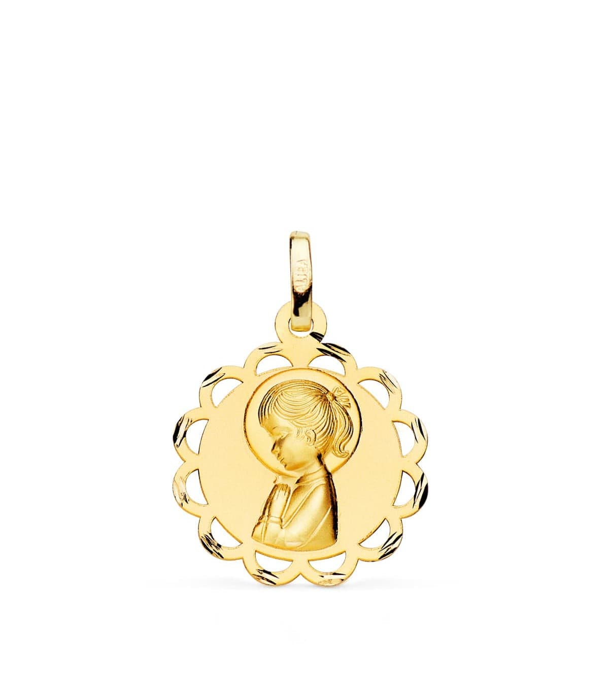 Medalla Oro 18K Virgen Niña Orla 19mm - colgante comunión, grabado personalizado