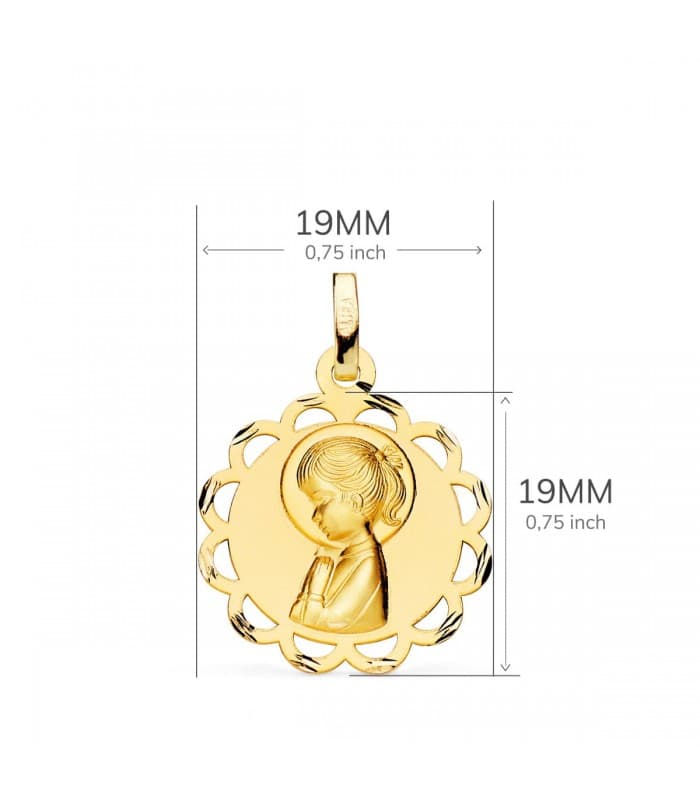 Medalla Oro 18K Virgen Niña Orla 19mm - colgante comunión, grabado personalizado