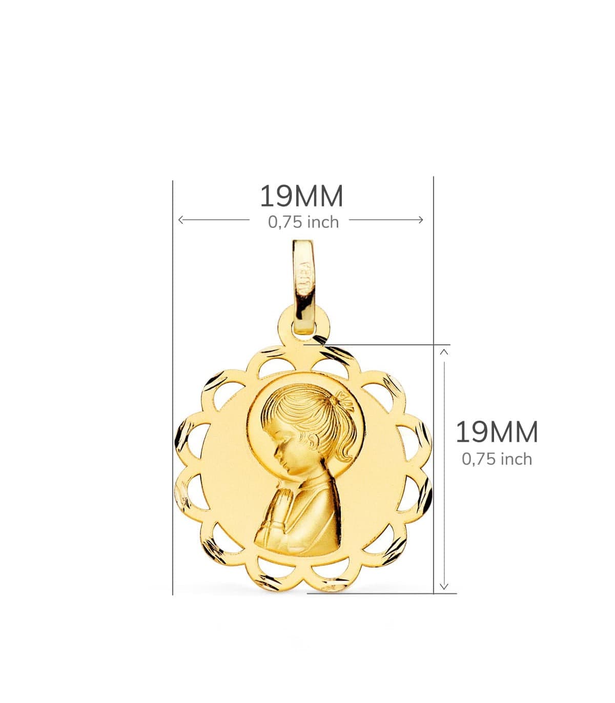 Medalla Oro 18K Virgen Niña Orla 19mm - colgante comunión, grabado personalizado