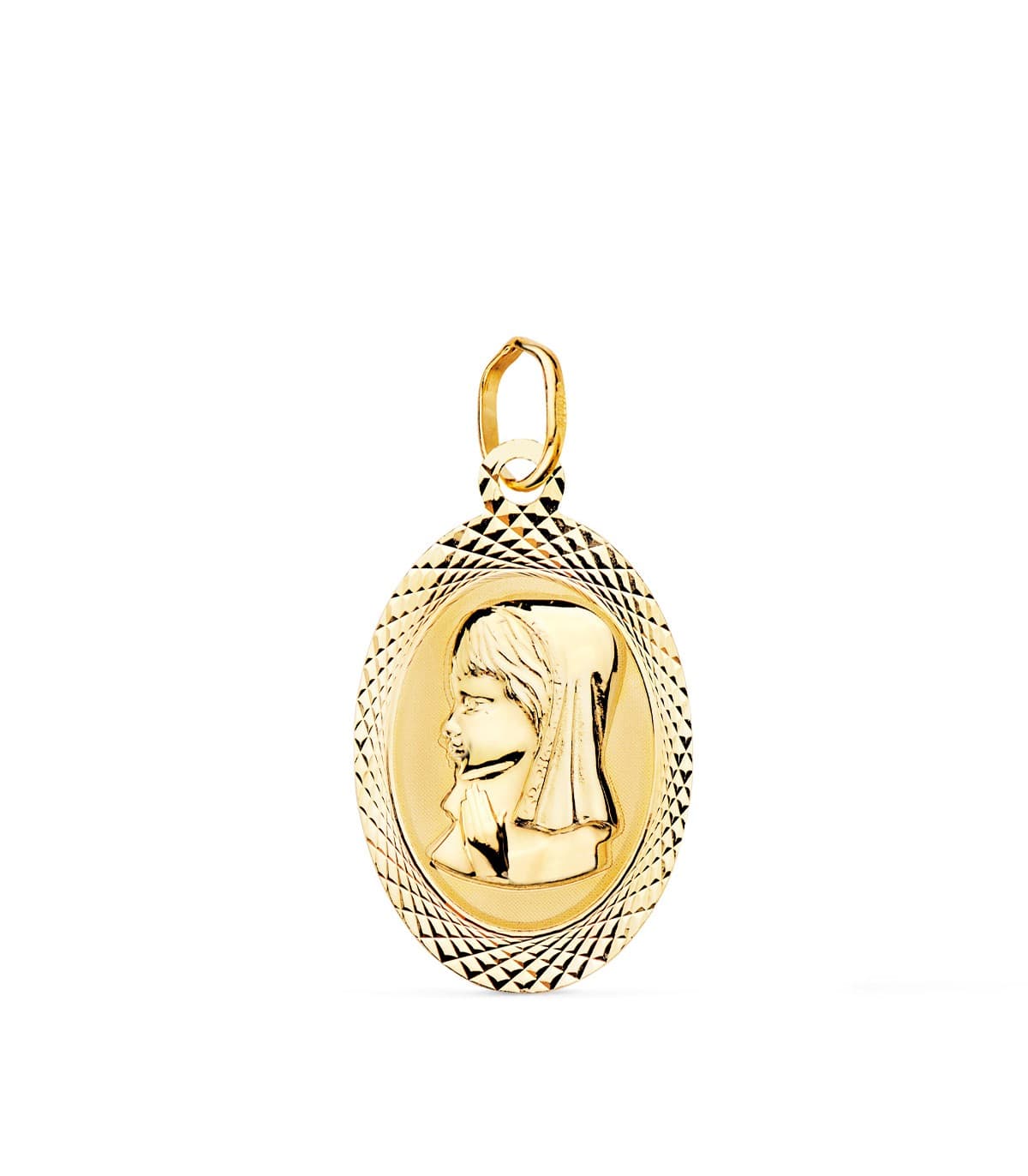 Medalla Oval Brillo y Mate Oro 18K Virgen Niña 18mm - colgante comunión, grabado personalizado
