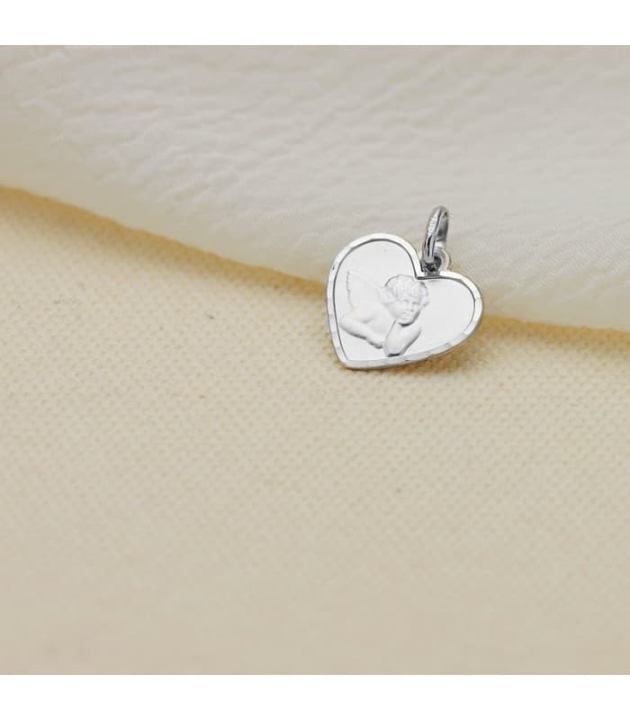 Alda Joyeros, joyería online | Medalla Corazón Angelito Oro Blanco 9K 14mm