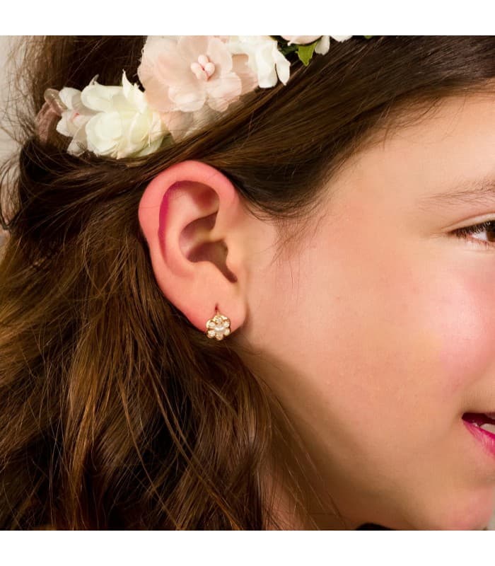 Pendientes niña Comunión cierre catalán Camila Oro 18K Perla conjunto juego flor
