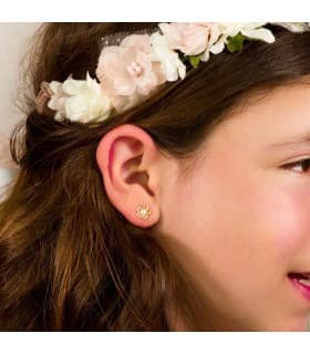 Pendientes niña 1ª Comunión Chloe Oro 18K Flor conjunto joyas juego perla baratos cierre presion