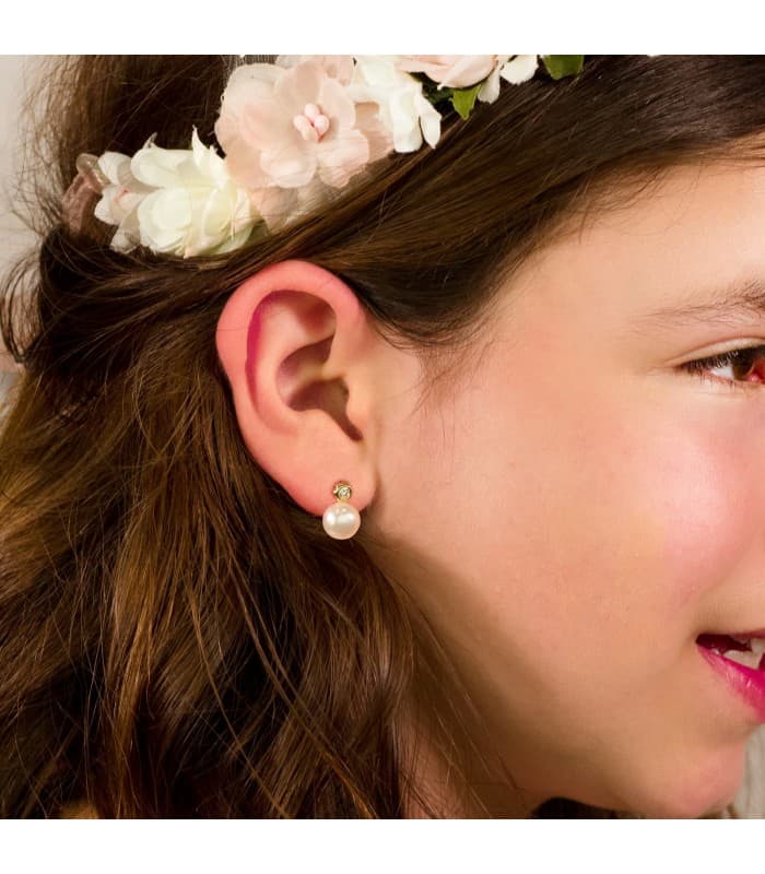 Boucles d'oreilles Enfant Or 750 zircon et perle pour Communion fille