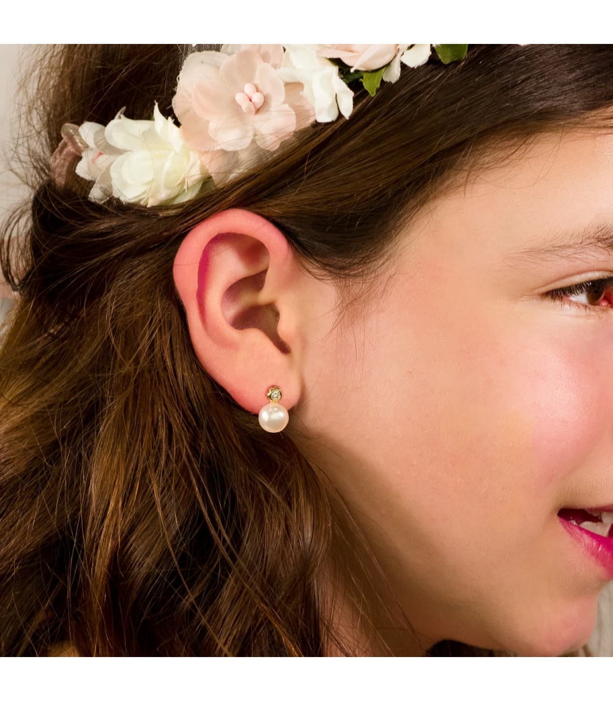 Boucles d'oreilles Enfant Or 750 zircon et perle pour Communion fille