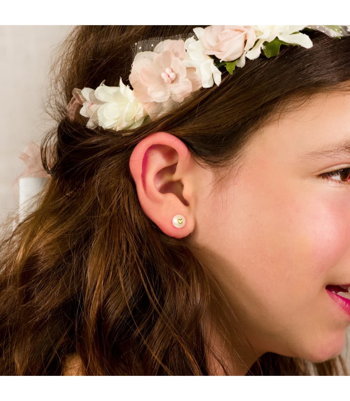 Boucles d'oreilles pour Fille Or 18k Pearl & Heart 7.5mm