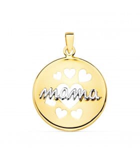 Ciondolo MAMA tondo con cuori 18 mm in oro bicolore 18 kt, gioiello da donna ideale come regalo speciale
