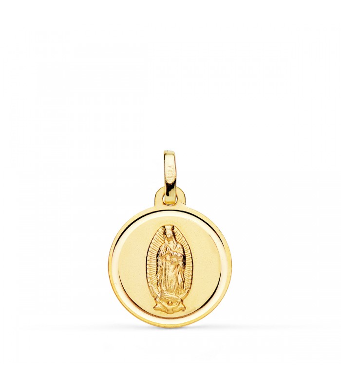 Virgen de Guadalupe México Oro 18K 16 mm Bisel - medalla religiosa, colgante con grabado