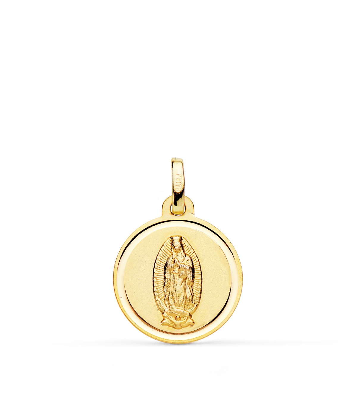 Virgen de Guadalupe México Oro 18K 16 mm Bisel - medalla religiosa, colgante con grabado