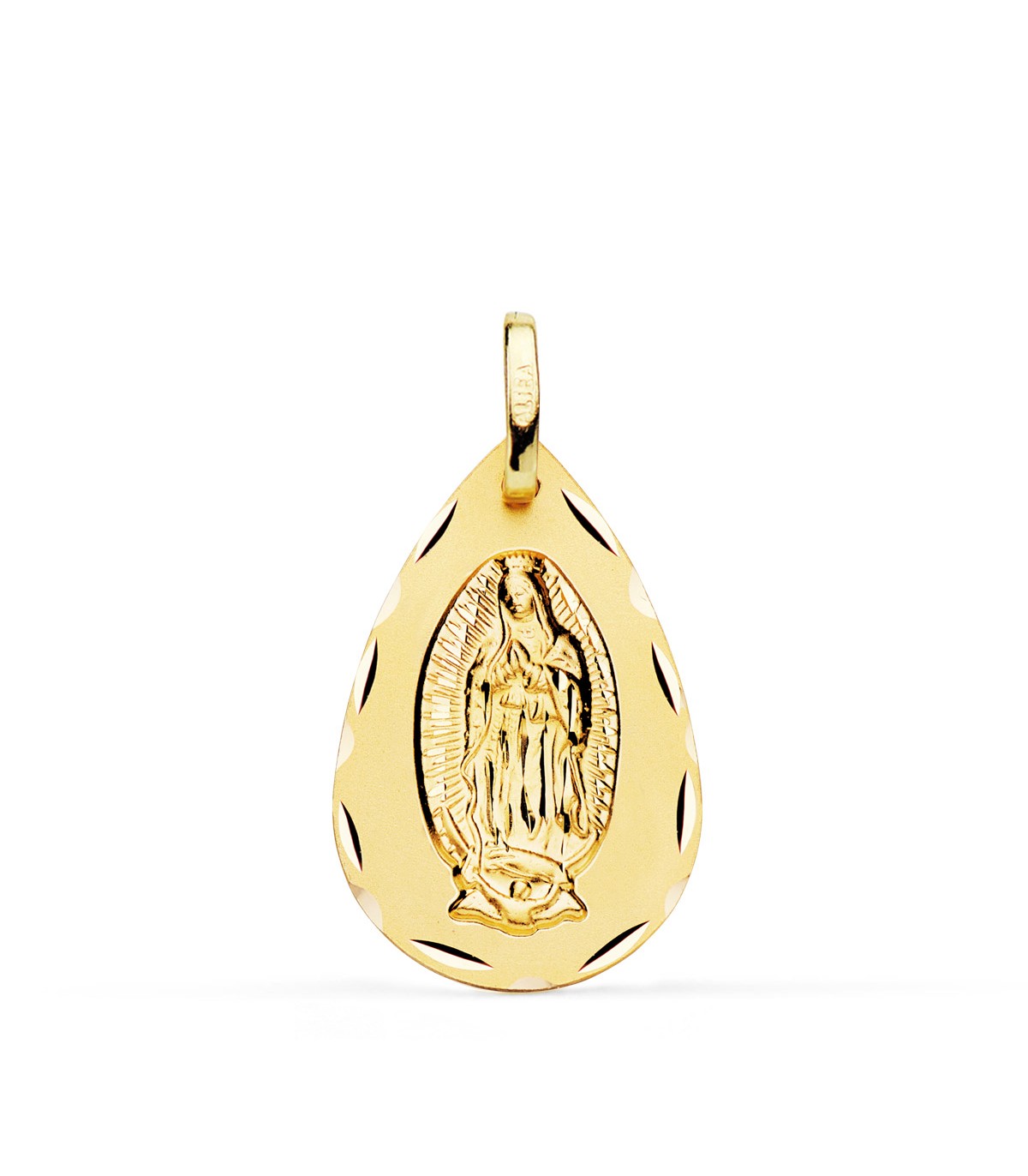 Medalla Guadalupe México Oro 18K 23mm Gota tallada