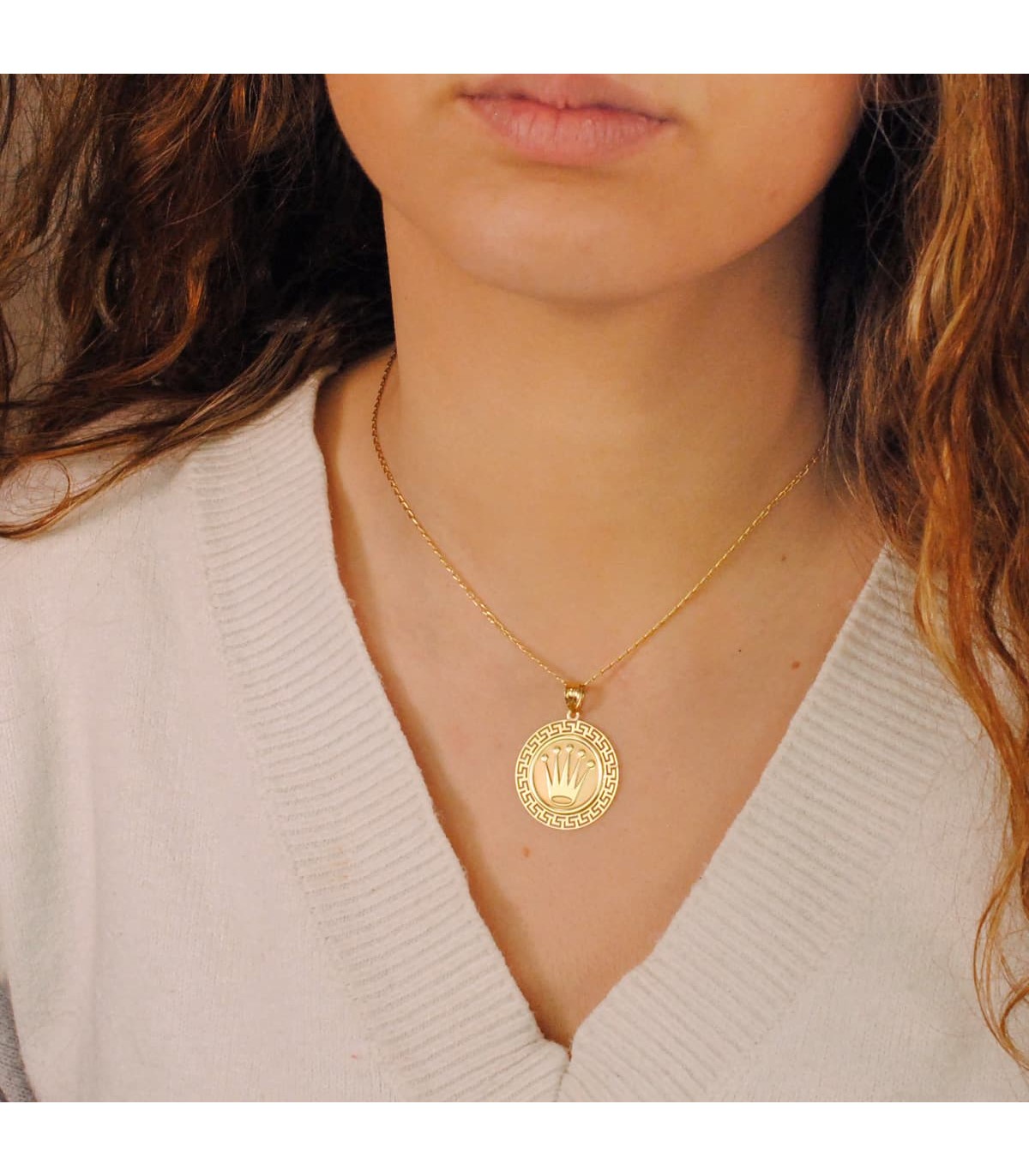 Médaille Couronne Or Jaune 18K 27 mm Grecque