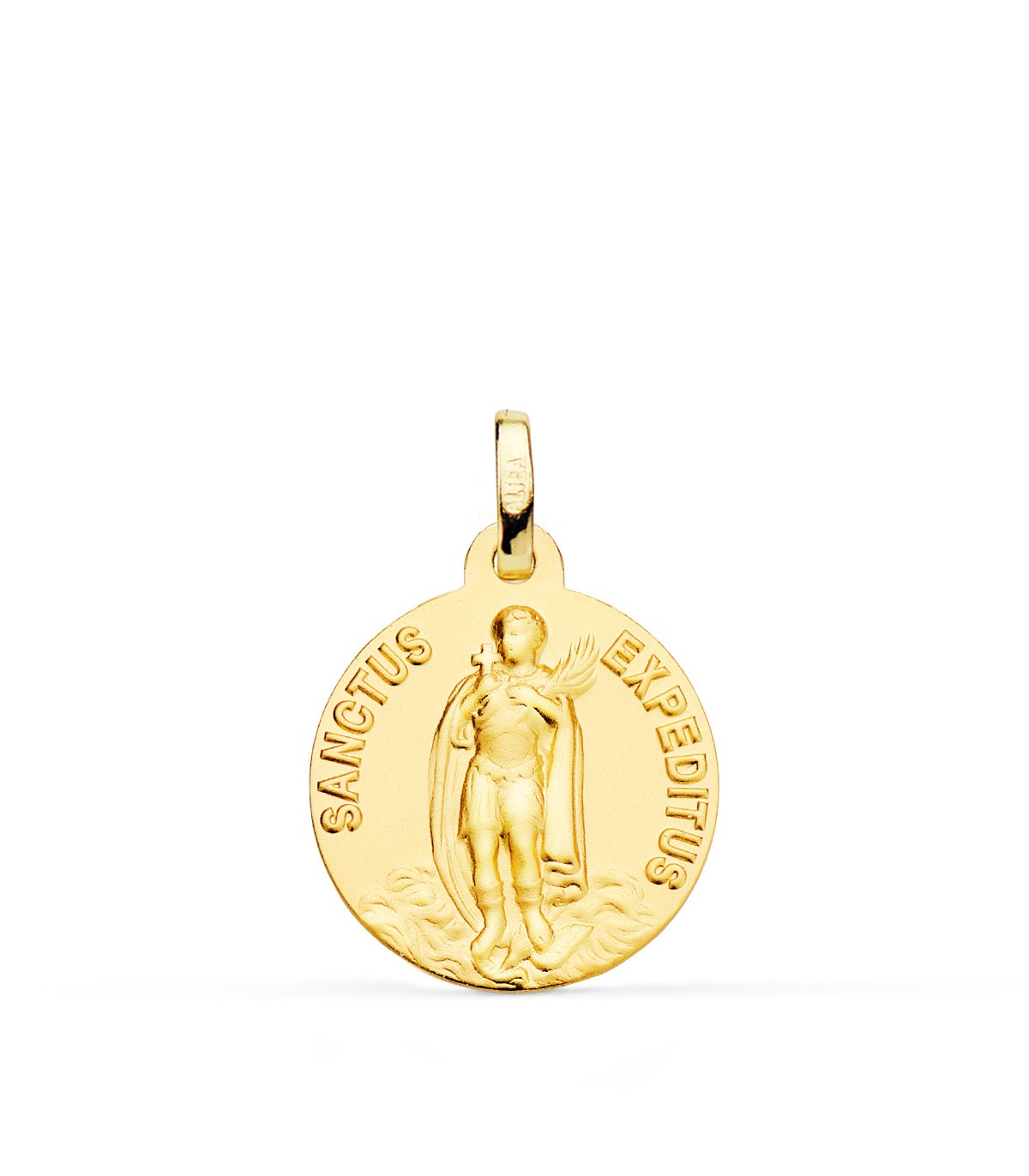 Medaglia Sant'Espedito Oro 18Kt 18mm satinata, patrono delle cause urgenti e impossibili.