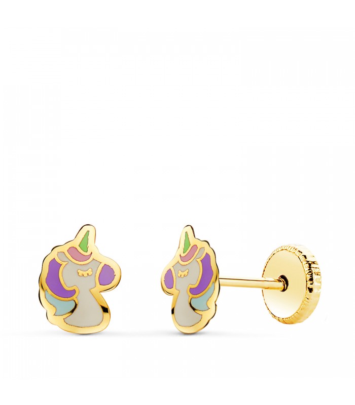 Einhorn Ohrstecker 750er Gelbgold 21275, mit Emaille und glänzender Ausführung