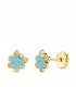 Pendientes de bebe con flor de oro, esmalte azul, cierre de rosca