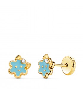 Orecchini da bambina, modello Dolcetto Azzurri Oro 18kt Fiore con chiusura a perno